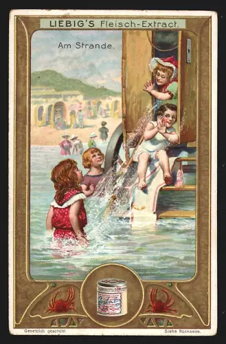Sammelbild Liebig, Fleisch-Extrakt, Am Strande, Kinder spielen im Wasser