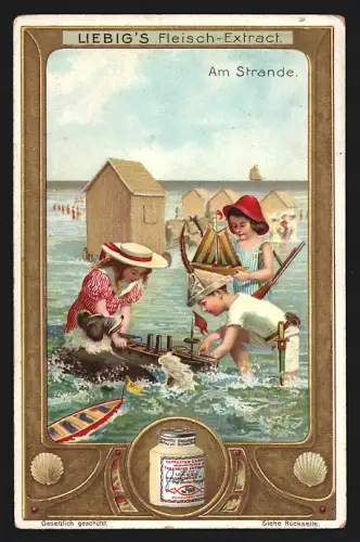 Sammelbild Liebig, Fleisch-Extrakt, Am Strande, Kinder spielen im Wasser