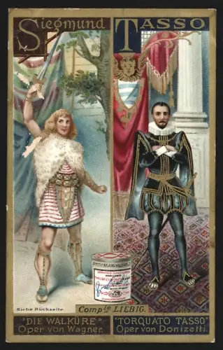 Sammelbild Liebig, Fleisch-Extrakt, Siegmund aus der Oper Die Walküre und Tasso aus Torquato Tasso