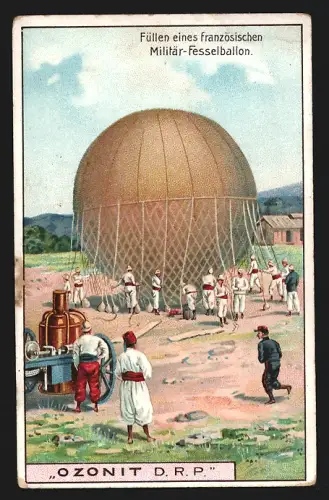 Sammelbild Liebig, Fleisch-Extrakt, Füllen eines französischen Militär-Fesselballons