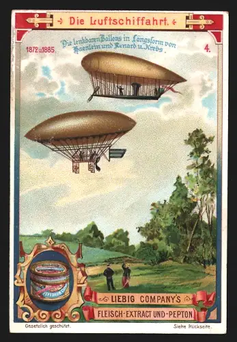 Sammelbild Liebig, Fleisch-Extrakt, Die Luftschiffahrt, Lenkbare Ballons von Haenlein, Renard u. Krebs