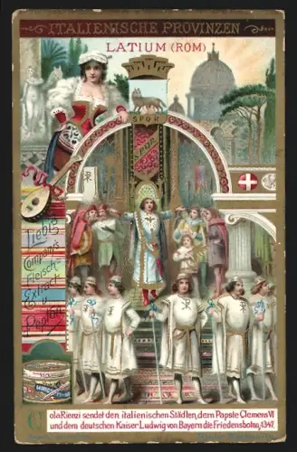 Sammelbild Liebig, Fleisch-Extrakt, Italienische Provinzen, Latium, Cola Rienzi mit Papst Clemens VI.