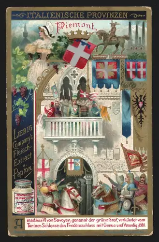 Sammelbild Liebig, Fleisch-Extrakt, Italienische Provinzen, Riemont, Amadäus VI. von Savoyen im Turiner Schloss