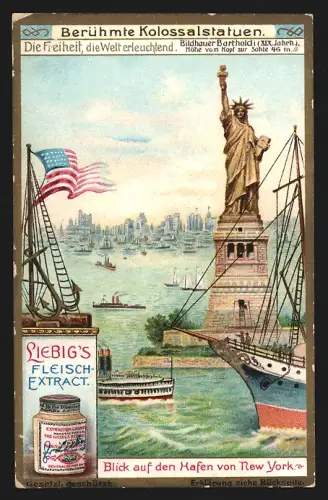 Sammelbild Liebig, Fleisch-Extrakt, Berühmte Kolossalstatuen, Freiheitsstatue und Hafen in New York