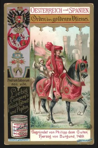 Sammelbild Liebig, Fleisch-Extrakt, Österreich und Spanien, Orden des goldenen Vliesses, Ritter zu Pferde