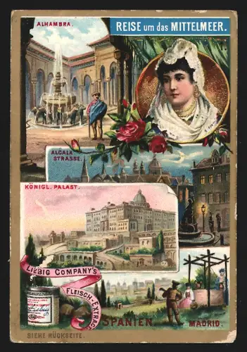 Sammelbild Liebig, Fleisch-Extrakt, Reise um das Mittelmeer, Alhambra, Alcala Strasse, Königlicher Palast