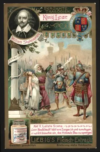 Sammelbild Liebig, Fleisch-Extrakt, Berühmte Tragödien, König Lear, Portrait von Shakespeare, Letzte Szene
