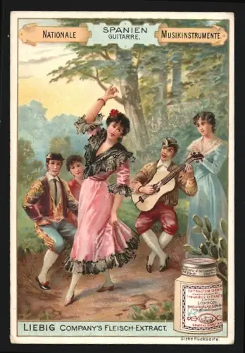 Sammelbild Liebig, Fleisch-Extrakt, Nationale Musikinstrumente, Spanische Gitarre mit Tänzerin