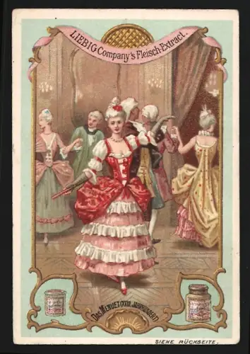 Sammelbild Liebig, Fleisch-Extrakt, Höfisch gekleidete Dame beim Menuet