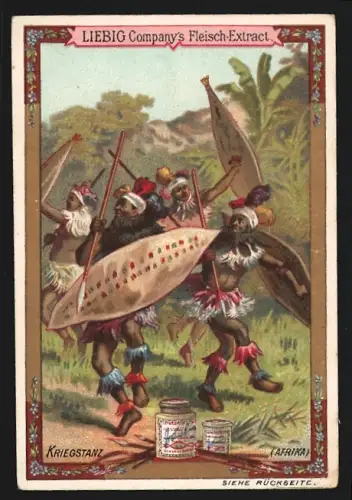 Sammelbild Liebig, Fleisch-Extrakt, Afrikaner mit Speer und Schild beim Kriegstanz