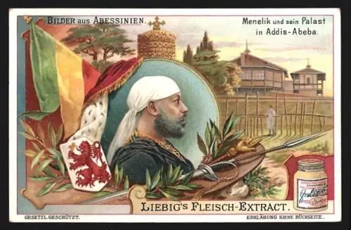 Sammelbild Liebig, Fleisch-Extrakt, Bilider aus Abessinien, Menelik und sein Palast in Addis-Abeba