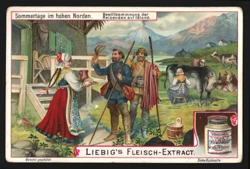 Sammelbild Liebig, Fleisch-Extrakt, Sommertage im hohen Norden, Bewillkommnung der Reisenden auf Island
