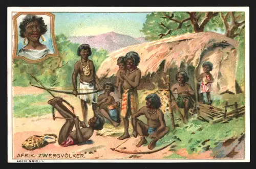 Sammelbild Liebig, Fleisch-Extrakt, Afrikanische Zwergvölker, Stammesangehörige beim Bogenschiessen