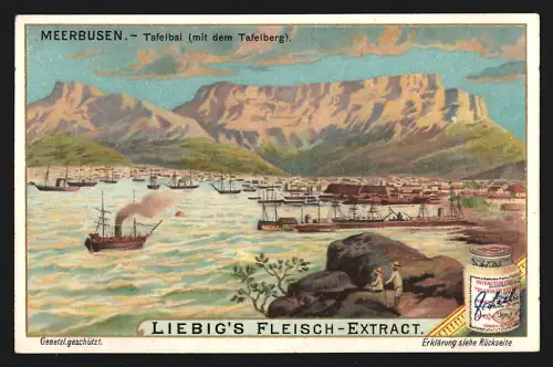 Sammelbild Liebig, Fleisch-Extrakt, Meerbusen, Tafelbai mit dem Tafelberg