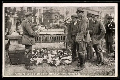 AK Deutsche Soldaten auf einem Markt beim Einkauf von Geflügel