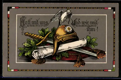 AK Garde-du-Corps Helm und Seitenwaffe, Wahlspruch Gott mit uns