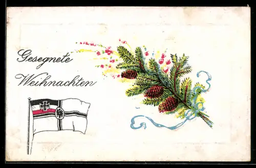 AK Deutsche Reichskriegsflagge und Tannenzweig, Weihnachtsgrüsse
