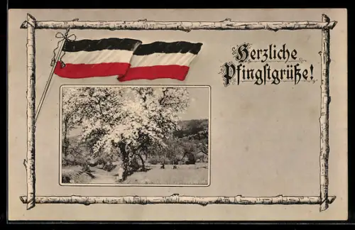 AK Schwarz-weiss-rote Nationalfahne und blühender Baum