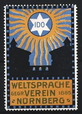 Reklamemarke Nürnberg, Weltsprache Gegr. Verein 1885, Stern und Sonne
