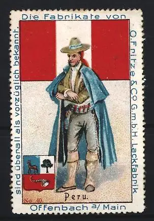 Reklamemarke Offenbach am Main, Fritze & Co. Lackfabrik, Peru, traditioneller Gaucho