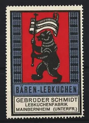 Reklamemarke Mainbernheim, Gebrüder Schmidt Bären-Lebkuchen, Bär mit Fahne