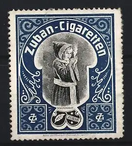 Reklamemarke Zuban-Cigaretten, Münkchner Kindl mit Zigarette, blau