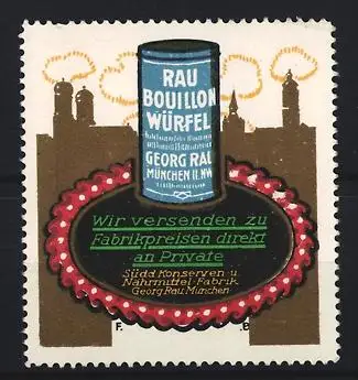 Reklamemarke München, RAU Bouillon Würfel, Dose auf Tablett