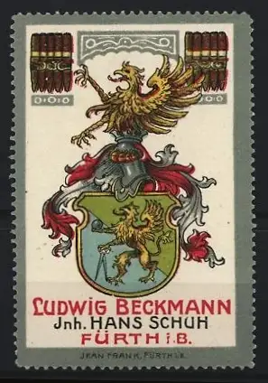 Reklamemarke Fürth, Ludwig Beckmann Inh. Hans Schuh Tabakwaren, Wappen mit Greif