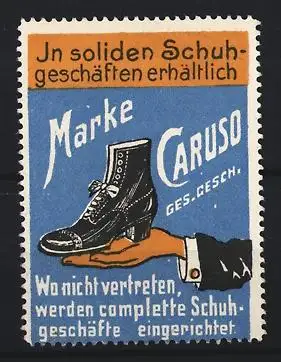 Reklamemarke Schuhe Marke Caruso, Schuh auf Hand
