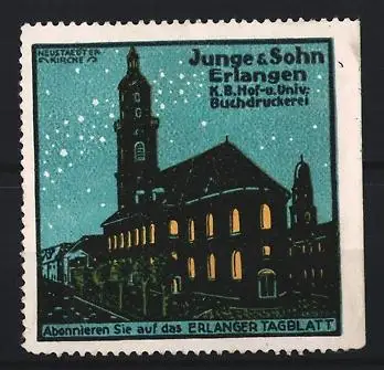 Reklamemarke Erlangen, Junge & Sohn K.B. Hof-u. Univ. Buchdruckerei, Erlanger Tagblatt, Kirche bei Nacht