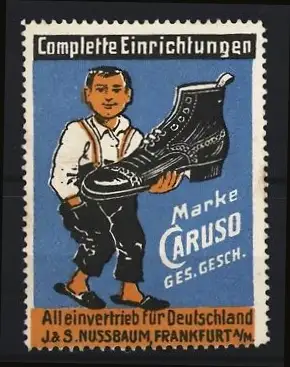 Reklamemarke Frankfurt a /M, Schuhe Marke Caruso, Junge mit riesigem Schuh