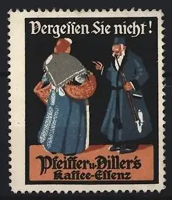 Reklamemarke Vergessen Sie nicht!, Pfeiffer & Diller`s Kaffee-Essenz, zwei Personen im Gespräch