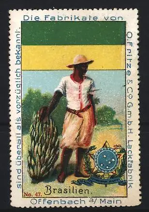 Reklamemarke Offenbach, Fritze & Co. Lackfabrik, Brasilien, Mann mit Bananenstaude