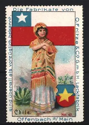 Reklamemarke Offenbach a /Main, Fritze & Co. Lackfabrik, Chile, Frau vor Nationalflagge