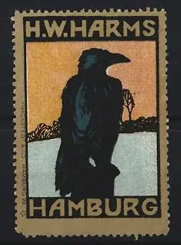 Reklamemarke Hamburg, H.W. Harms, Rabe auf Pfosten sitzend