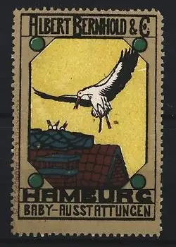 Reklamemarke Hamburg, Baby-Ausstattungen, Storch über Hausdach