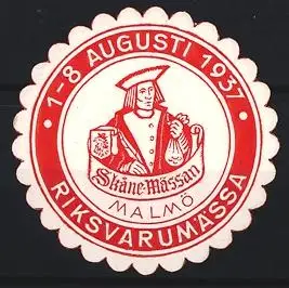Reklamemarke Malmö, Skånemässan 1937, Händler mit Buch und Krug