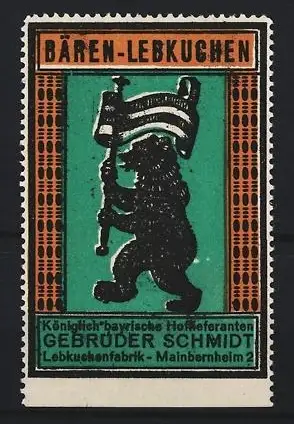 Reklamemarke Mainbernheim, Gebrüder Schmidt Bären-Lebkuchen, Bär mit Fahne