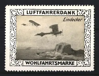 Reklamemarke Luftfahrerdank, Eindecker, Flugzeug über Felsen