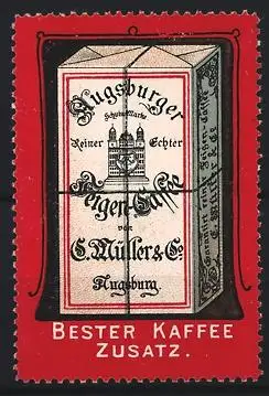 Reklamemarke Augsburg, Augsburger Echter Feigen-Kaffee Müller & Co., Kaffeepaket