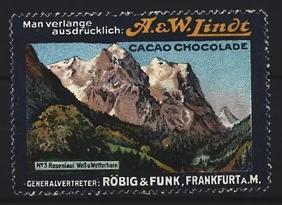 Reklamemarke Frankfurt a.M., Vertreter Röbig & Funk, Lindt Cacao Chocolade, Berglandschaft Rosenlaui Weil & Wetterhorn