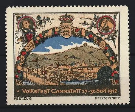 Reklamemarke Cannstatt, Volksfest 27-30 Sept 1912, Festzug und Pferderennen