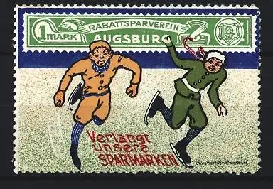 Reklamemarke Augsburg, Rabattsparverein, Schlittschuhläufer / Eisläufer - Szene