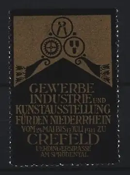 Reklamemarke Crefeld, Gewerbe Industrie und Kunstausstellung 1911, Zahnräder und Waage