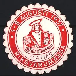 Reklamemarke Malmö, Skåne-Mässan 1937, Kaufmann mit Wappen