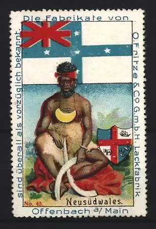 Reklamemarke Offenbach am Main, Fritze & Co. GmbH Lackfabrik, Australien - Neusüdwales, Flagge und indigene Person