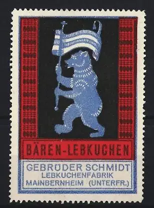 Reklamemarke Mainbernheim, Gebrüder Schmidt Bären-Lebkuchen, blauer Bär mit Fahne