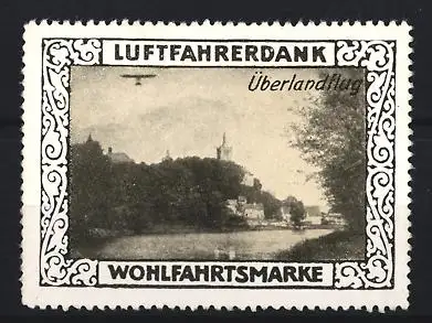 Reklamemarke Luftfahrerdank Überlandflug, Flugzeug beim Überflug