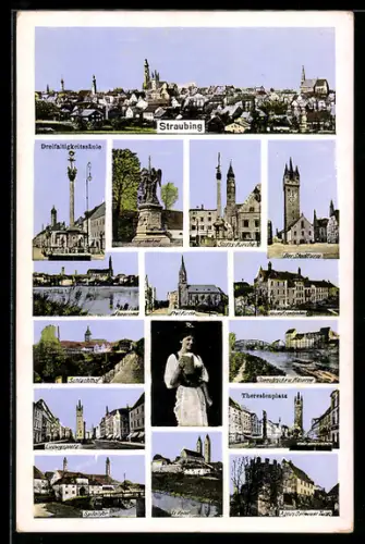 AK Straubing, Dreifaltigkeitssäule, Stadtturm, Stadtpfarrkirche, Theresienplatz, Donaupartie