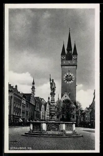 AK Straubing, Stadtturm, Ludwigsplatz, Wittelsbacherbrunnen
